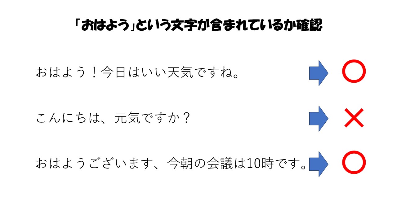 特定の文字が含まれているか確認する方法の説明画像です